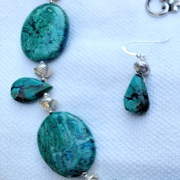Turquoise and Chrysocolla Sterling Necklace Earrings Set - Picture 3 of 5